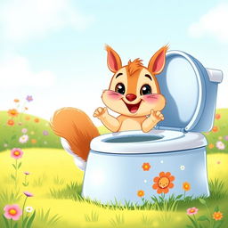 An adorable illustration of a diapered baby squirrel depicted as a toddler, exuberantly engaging in toilet training with a large, colorful potty specially designed for animals