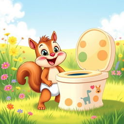 An adorable illustration of a diapered baby squirrel depicted as a toddler, exuberantly engaging in toilet training with a large, colorful potty specially designed for animals