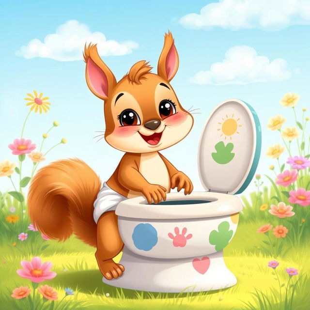 An adorable illustration of a diapered baby squirrel depicted as a toddler, exuberantly engaging in toilet training with a large, colorful potty specially designed for animals