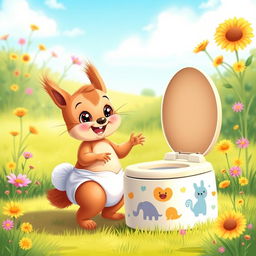 An adorable illustration of a diapered baby squirrel depicted as a toddler, exuberantly engaging in toilet training with a large, colorful potty specially designed for animals