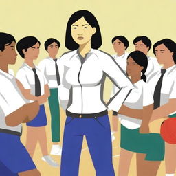 A high-resolution vector art, illustrating the struggles of an Asian female physical education teacher attempting to coach dangerous illegal immigrants, particularly from Mexico, who cannot grasp concepts or speak the same language