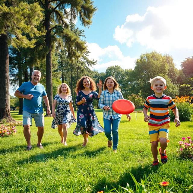 A cheerful family enjoying a sunny day at the park