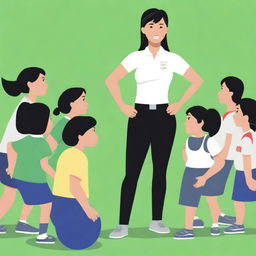 A high-resolution vector art, illustrating the struggles of an Asian female physical education teacher attempting to coach dangerous illegal immigrants, particularly from Mexico, who cannot grasp concepts or speak the same language