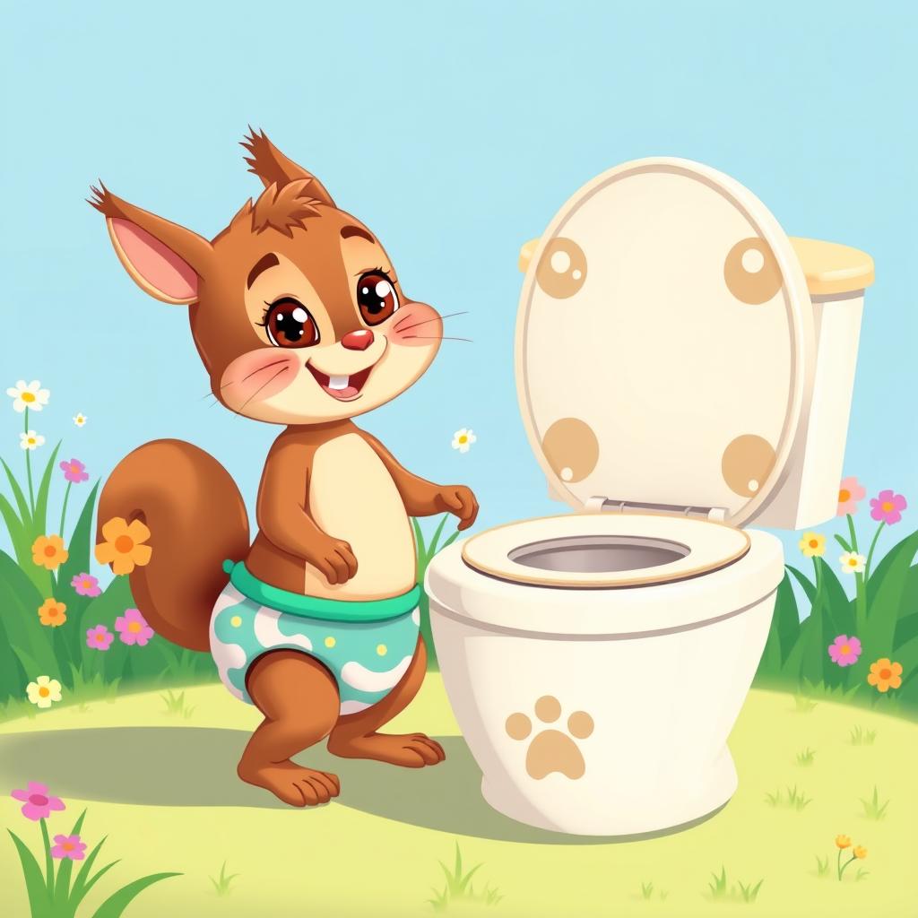 A whimsical illustration of an adorable diapered baby squirrel depicted as a toddler, enthusiastically engaging in toilet training with an oversized, friendly-looking potty designed for small animals