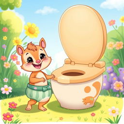 A whimsical illustration of an adorable diapered baby squirrel depicted as a toddler, enthusiastically engaging in toilet training with an oversized, friendly-looking potty designed for small animals