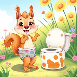 A whimsical illustration of an adorable diapered baby squirrel depicted as a toddler, enthusiastically engaging in toilet training with an oversized, friendly-looking potty designed for small animals