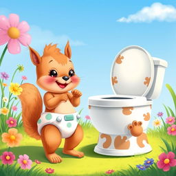 A whimsical illustration of an adorable diapered baby squirrel depicted as a toddler, enthusiastically engaging in toilet training with an oversized, friendly-looking potty designed for small animals