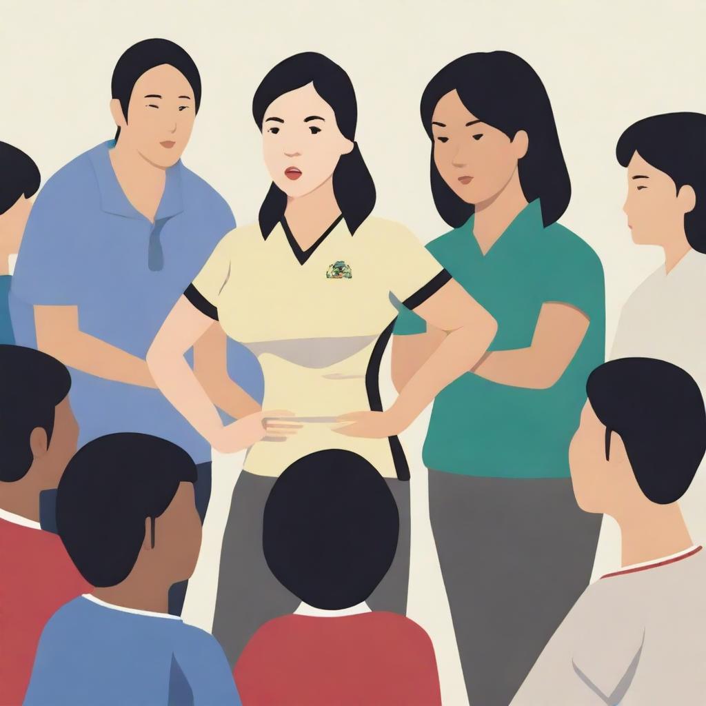 A high-resolution vector art, illustrating the struggles of an Asian female physical education teacher attempting to coach dangerous illegal immigrants, particularly from Mexico, who cannot grasp concepts or speak the same language