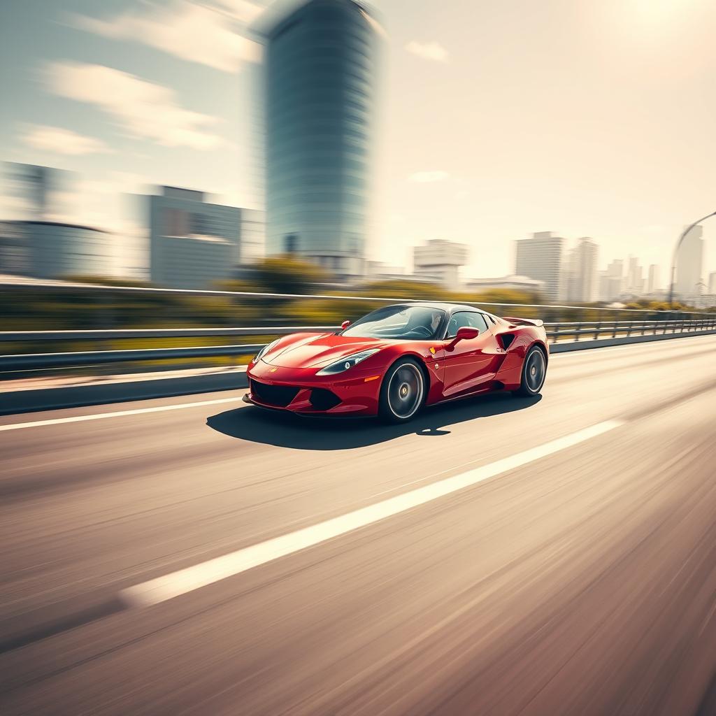 A powerful sports car speeding down a dynamic highway, showcasing its sleek design and aerodynamic shape