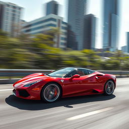 A powerful sports car speeding down a dynamic highway, showcasing its sleek design and aerodynamic shape