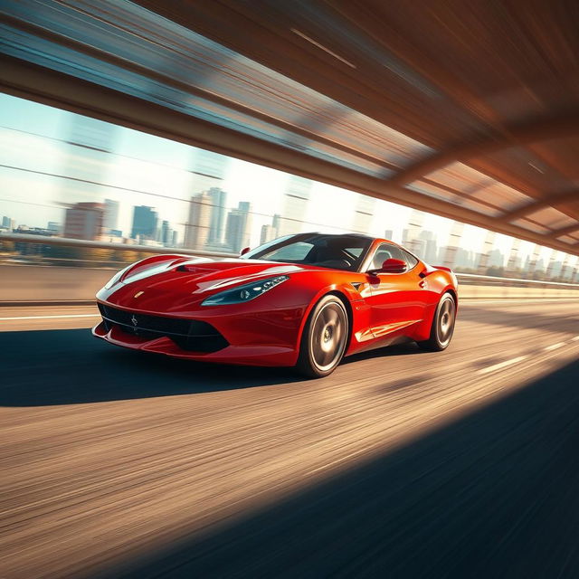 A powerful sports car speeding down a dynamic highway, showcasing its sleek design and aerodynamic shape