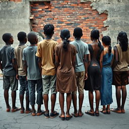 A group of 20-year-old boys and girls standing together, viewed from behind, showcasing a scene of resilience amidst struggle