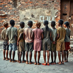 A group of 20-year-old boys and girls standing together, viewed from behind, showcasing a scene of resilience amidst struggle