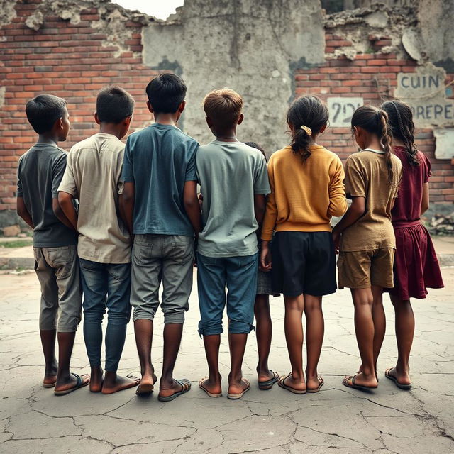 A group of 20-year-old boys and girls standing together, viewed from behind, showcasing a scene of resilience amidst struggle