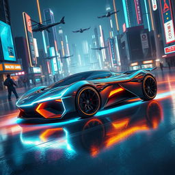 A futuristic car powered by an advanced energy source, sleek and aerodynamic design, glowing accents along the body, surrounded by a vibrant cityscape with neon lights and flying vehicles, showcasing its revolutionary technology