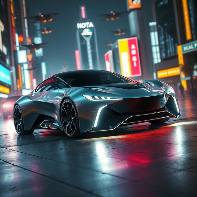 A futuristic car powered by an advanced energy source, sleek and aerodynamic design, glowing accents along the body, surrounded by a vibrant cityscape with neon lights and flying vehicles, showcasing its revolutionary technology