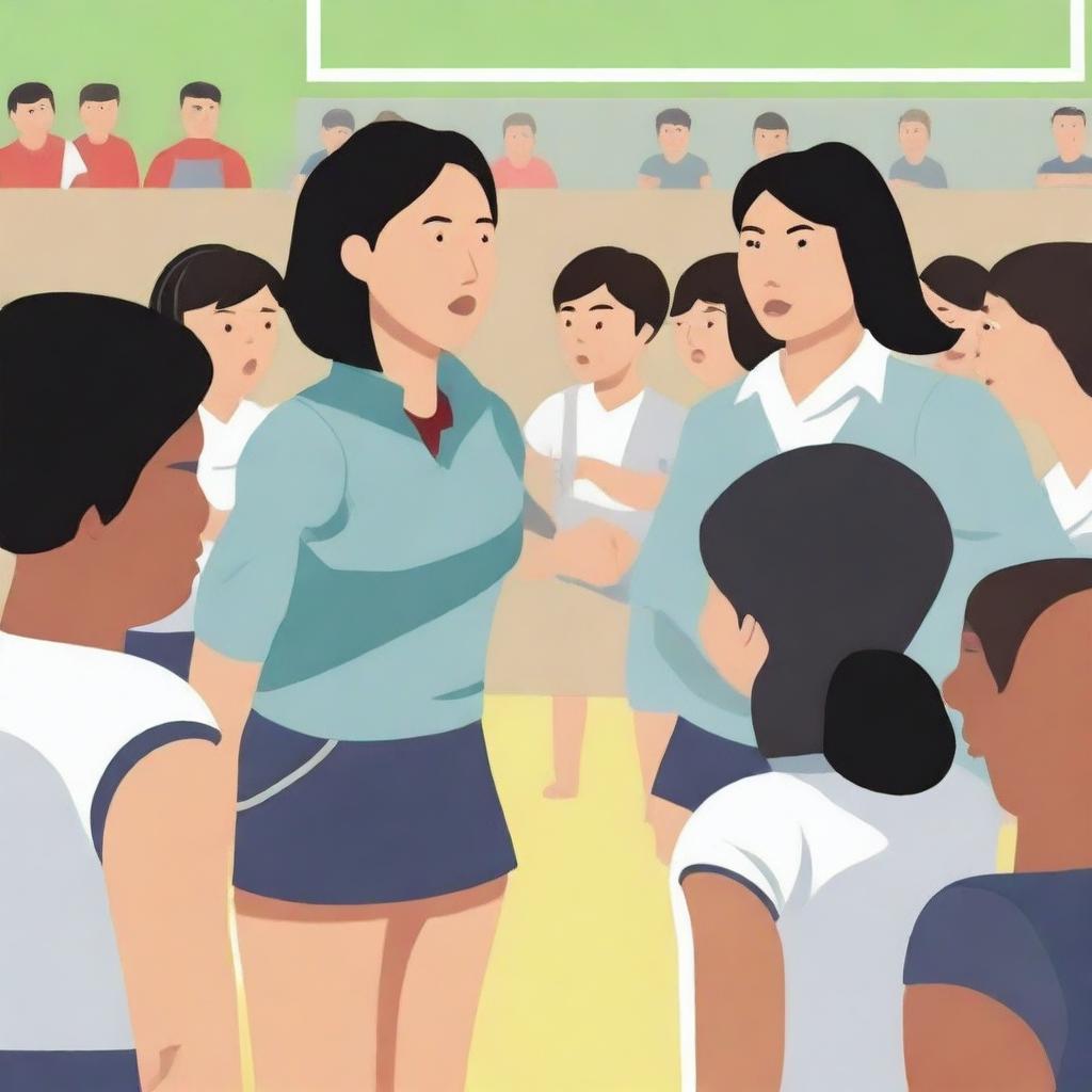 A high-resolution vector art, illustrating the struggles of an Asian female physical education teacher attempting to coach dangerous illegal immigrants, particularly from Mexico, who cannot grasp concepts, speak the same language, and are prioritized over English-speaking citizens