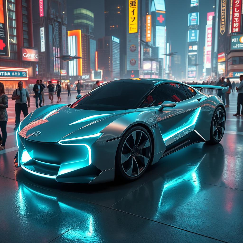 A futuristic car powered by an advanced energy source, sleek and aerodynamic design, glowing accents along the body, surrounded by a vibrant cityscape with neon lights and flying vehicles, showcasing its revolutionary technology