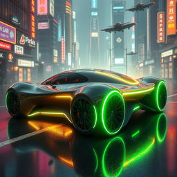 A futuristic car powered by an advanced energy source, sleek and aerodynamic design, glowing accents along the body, surrounded by a vibrant cityscape with neon lights and flying vehicles, showcasing its revolutionary technology