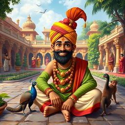 A vibrant and colorful depiction of Tenali Rama, the famous clever court jester of King Krishnadevaraya in the historical region of South India