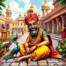 A vibrant and colorful depiction of Tenali Rama, the famous clever court jester of King Krishnadevaraya in the historical region of South India