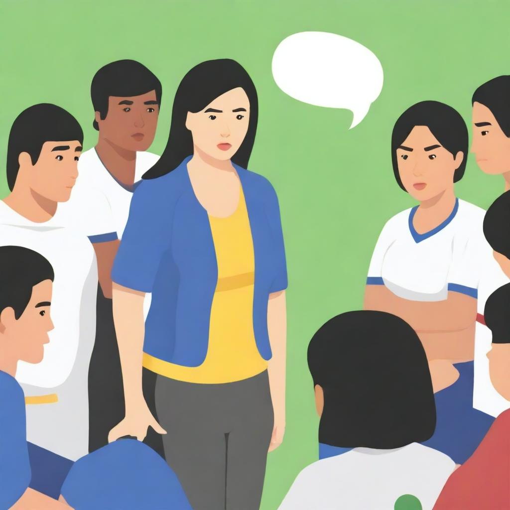 A high-resolution vector art, illustrating the struggles of an Asian female physical education teacher attempting to coach dangerous illegal immigrants, particularly from Mexico, who cannot grasp concepts, speak the same language, and are prioritized over English-speaking citizens