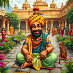 A vibrant and colorful depiction of Tenali Rama, the famous clever court jester of King Krishnadevaraya in the historical region of South India