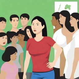 A high-resolution vector art, illustrating the struggles of an Asian female physical education teacher attempting to coach dangerous illegal immigrants, particularly from Mexico, who cannot grasp concepts, speak the same language, and are prioritized over English-speaking citizens