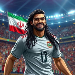 A portrait of an Iranian football player with long dark hair, wearing a national team jersey, showcasing a proud expression