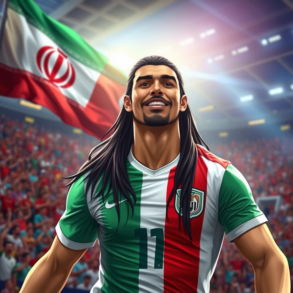 A portrait of an Iranian football player with long dark hair, wearing a national team jersey, showcasing a proud expression