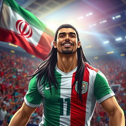 A portrait of an Iranian football player with long dark hair, wearing a national team jersey, showcasing a proud expression