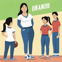 A high-resolution vector art, illustrating the struggles of an Asian female physical education teacher attempting to coach dangerous illegal immigrants, particularly from Mexico, who cannot grasp concepts, speak the same language, and are prioritized over English-speaking citizens