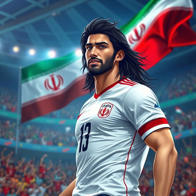 A portrait of an Iranian football player with long dark hair, wearing a national team jersey, showcasing a proud expression