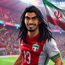 A portrait of an Iranian football player with long dark hair, wearing a national team jersey, showcasing a proud expression