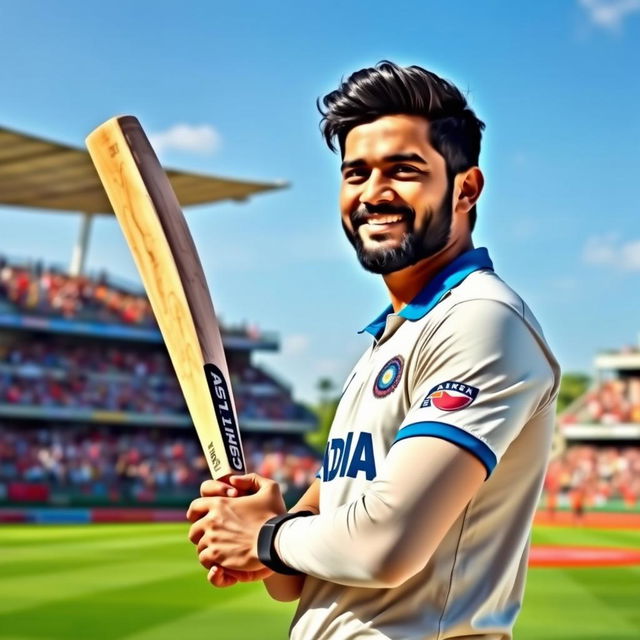 A portrait of Rohit Sharma, a professional cricketer, casually holding a cricket bat, clad in a stylish cricket jersey