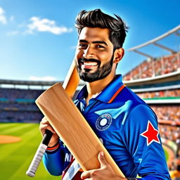 A portrait of Rohit Sharma, a professional cricketer, casually holding a cricket bat, clad in a stylish cricket jersey
