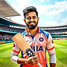 A portrait of Rohit Sharma, a professional cricketer, casually holding a cricket bat, clad in a stylish cricket jersey