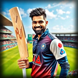 A portrait of Rohit Sharma, a professional cricketer, casually holding a cricket bat, clad in a stylish cricket jersey
