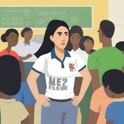 A high-resolution vector art, illustrating the struggles of a female physical education teacher attempting to coach dangerous illegal immigrants, particularly from Mexico, who cannot grasp concepts, speak the same language, and are prioritized over English-speaking citizens