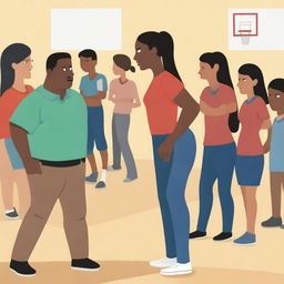 A high-resolution vector art, illustrating the struggles of a female physical education teacher attempting to coach dangerous illegal immigrants, particularly from Mexico, who cannot grasp concepts, speak the same language, and are prioritized over English-speaking citizens