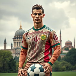 A portrait of a soccer player resembling Cristiano Ronaldo, depicted as if he had been born in Iran