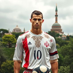 A portrait of a soccer player resembling Cristiano Ronaldo, depicted as if he had been born in Iran
