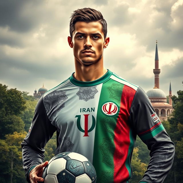 A portrait of a soccer player resembling Cristiano Ronaldo, depicted as if he had been born in Iran