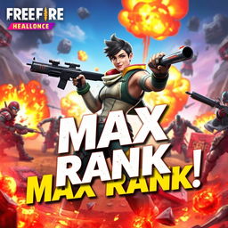 A captivating thumbnail design for a Free Fire Max rank push, featuring a dynamic action scene with a confident gamer wielding a weapon in an intense battle setting