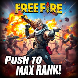 A captivating thumbnail design for a Free Fire Max rank push, featuring a dynamic action scene with a confident gamer wielding a weapon in an intense battle setting