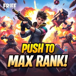 A captivating thumbnail design for a Free Fire Max rank push, featuring a dynamic action scene with a confident gamer wielding a weapon in an intense battle setting