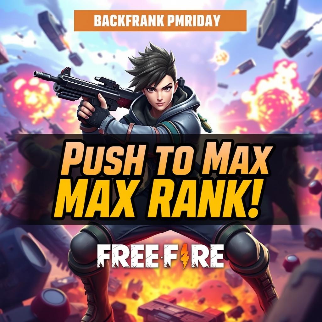 A captivating thumbnail design for a Free Fire Max rank push, featuring a dynamic action scene with a confident gamer wielding a weapon in an intense battle setting