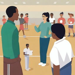 A high-resolution vector art, illustrating the struggles of a female physical education teacher attempting to coach dangerous illegal immigrants, particularly from Mexico, who cannot grasp concepts, speak the same language, and are prioritized over English-speaking citizens