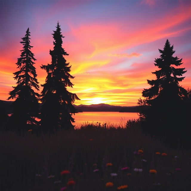 A serene landscape capturing the beauty of nature, featuring a stunning sunset with vibrant shades of orange, pink, and purple blending seamlessly in the sky