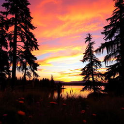 A serene landscape capturing the beauty of nature, featuring a stunning sunset with vibrant shades of orange, pink, and purple blending seamlessly in the sky